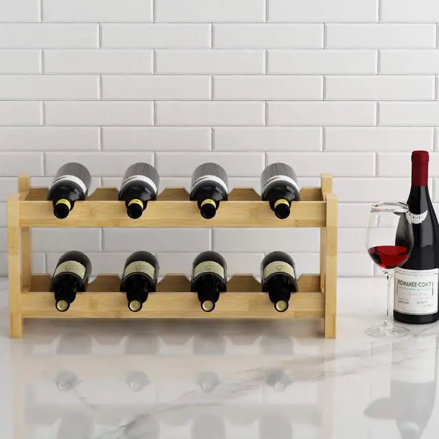 Alt view image 4 of 7 - Wine Rack Freestanding 8 Bottle 2 Tier Bamboo Wine Racks Countertop Cabinet Wine Holder Wine Storage Shelf for Kitchen, Bar, Pantry, Wine Cellar, Basement, Countertop (16.85 L x 9.25W x 7H)