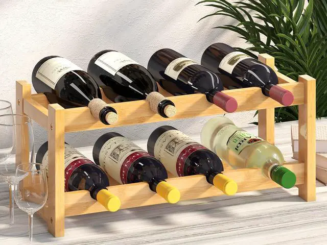 Alt view image 3 of 7 - Wine Rack Freestanding 8 Bottle 2 Tier Bamboo Wine Racks Countertop Cabinet Wine Holder Wine Storage Shelf for Kitchen, Bar, Pantry, Wine Cellar, Basement, Countertop (16.85 L x 9.25W x 7H)
