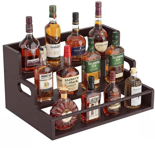 Main image of Bamboo Liquor Bottle Display Shelf, 3 Tier Coffee Syrup Rack Organizer, Countertop Liquor Stand for Home Bar, Dark Brown