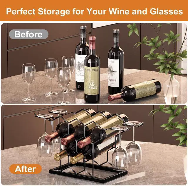 Alt view image 7 of 7 - Countertop Wine Rack 3 Tier, Wine Rack with Glass Holder 8 Bottles, Freestanding Small Liquor Holder Metal, Tabletop Bottle Storage Stand for for Home, Kitchen, Bar, Cellar (Black, 8 Bottles)