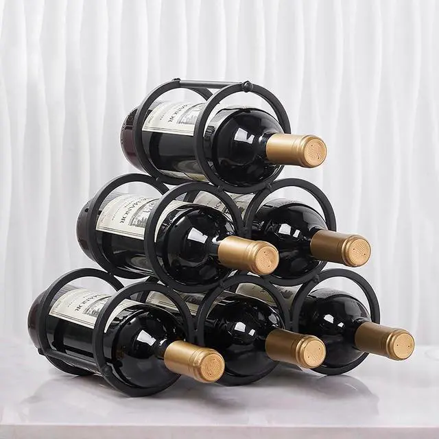 Alt view image 7 of 7 - Small Tabletop Wine Rack 6 Bottles Triangle Freestanding Countertop Wine Bottle Holder Cabinet Pantry Wine Storage Stand Bottle Organizer for Coffee Bar Kitchen, Frosted Iron, Black