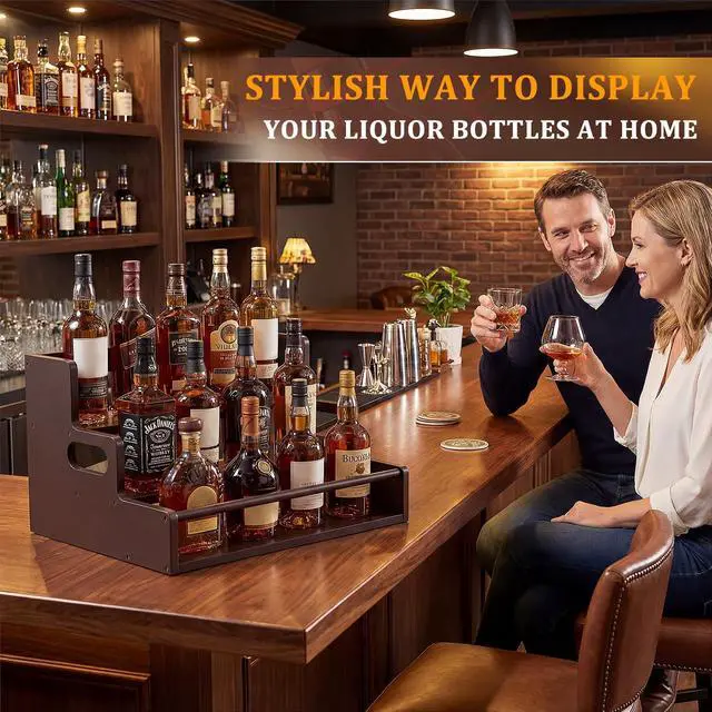 Alt view image 2 of 7 - Bamboo Liquor Bottle Display Shelf, 3 Tier Coffee Syrup Rack Organizer, Countertop Liquor Stand for Home Bar, Dark Brown