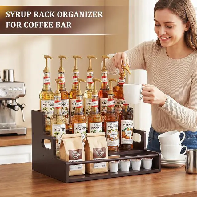 Alt view image 4 of 7 - Bamboo Liquor Bottle Display Shelf, 3 Tier Coffee Syrup Rack Organizer, Countertop Liquor Stand for Home Bar, Dark Brown