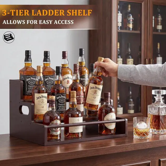 Alt view image 3 of 7 - Bamboo Liquor Bottle Display Shelf, 3 Tier Coffee Syrup Rack Organizer, Countertop Liquor Stand for Home Bar, Dark Brown
