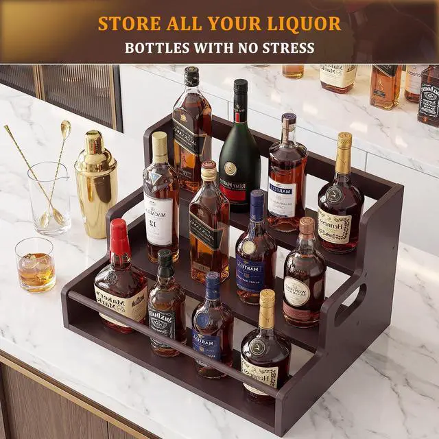 Alt view image 5 of 7 - Bamboo Liquor Bottle Display Shelf, 3 Tier Coffee Syrup Rack Organizer, Countertop Liquor Stand for Home Bar, Dark Brown