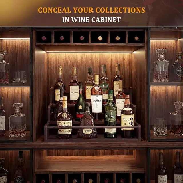 Alt view image 6 of 7 - Bamboo Liquor Bottle Display Shelf, 3 Tier Coffee Syrup Rack Organizer, Countertop Liquor Stand for Home Bar, Dark Brown