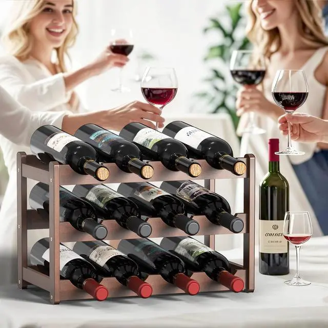 Alt view image 2 of 7 - Wine Rack,Bamboo Wine Racks Countertop,Sturdy Wine Rack for Inside Cabinet &Freestanding Floor, 3-Tier 12 Bottles Racks for Kitchen,Cabinets,Home Bar,Wine Storage Racks(3-Tiers)