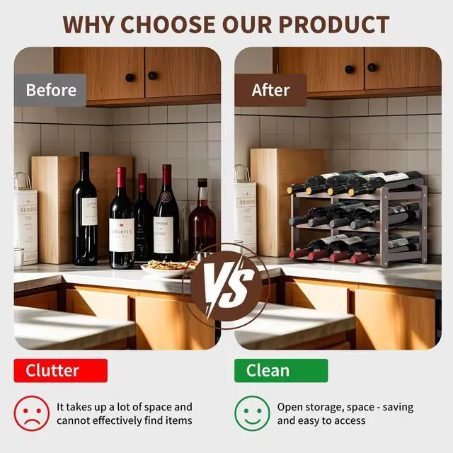 Alt view image 3 of 7 - Wine Rack,Bamboo Wine Racks Countertop,Sturdy Wine Rack for Inside Cabinet &Freestanding Floor, 3-Tier 12 Bottles Racks for Kitchen,Cabinets,Home Bar,Wine Storage Racks(3-Tiers)