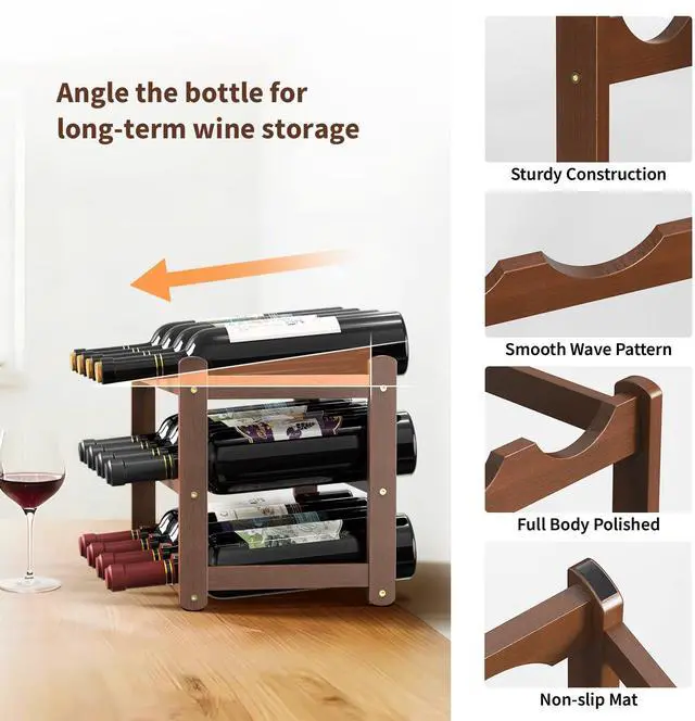 Alt view image 4 of 7 - Wine Rack,Bamboo Wine Racks Countertop,Sturdy Wine Rack for Inside Cabinet &Freestanding Floor, 3-Tier 12 Bottles Racks for Kitchen,Cabinets,Home Bar,Wine Storage Racks(3-Tiers)