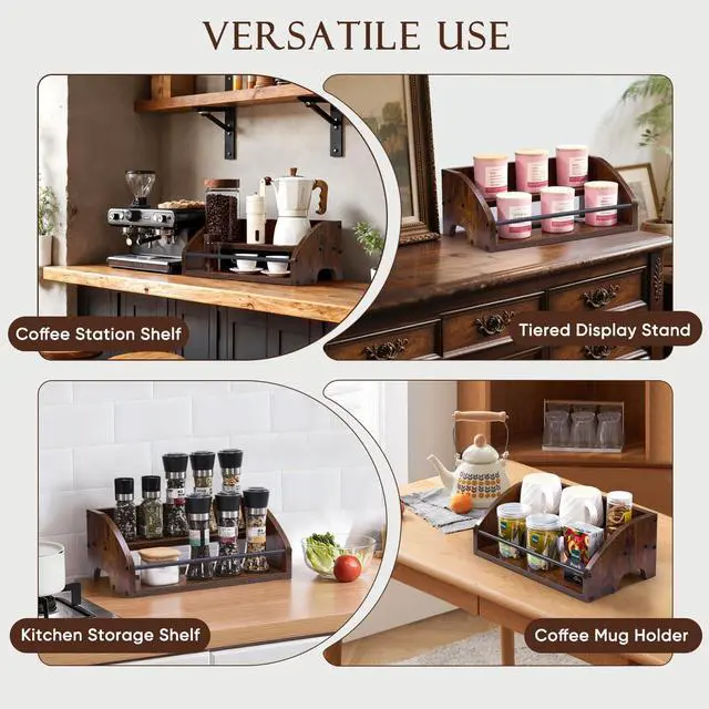 Alt view image 3 of 7 - Wooden Liquor Bottle Display Shelf, 2 Tier Countertop Liquor Wine Rack, Coffee Syrup Rack Organizer, Mini Bar Home Retro Bar Shelves Stand for Bourbon Whiskey, Spirits, Alcohol Storage