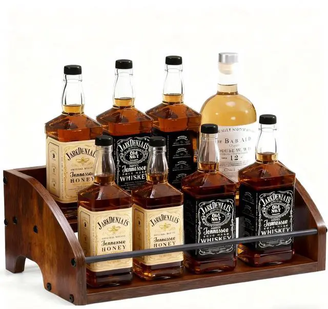 Main image of Wooden Liquor Bottle Display Shelf, 2 Tier Countertop Liquor Wine Rack, Coffee Syrup Rack Organizer, Mini Bar Home Retro Bar Shelves Stand for Bourbon Whiskey, Spirits, Alcohol Storage