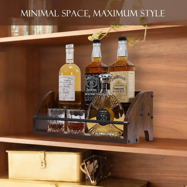 Alt view image 5 of 7 - Wooden Liquor Bottle Display Shelf, 2 Tier Countertop Liquor Wine Rack, Coffee Syrup Rack Organizer, Mini Bar Home Retro Bar Shelves Stand for Bourbon Whiskey, Spirits, Alcohol Storage