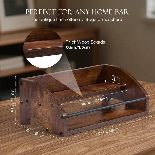 Alt view image 4 of 7 - Wooden Liquor Bottle Display Shelf, 2 Tier Countertop Liquor Wine Rack, Coffee Syrup Rack Organizer, Mini Bar Home Retro Bar Shelves Stand for Bourbon Whiskey, Spirits, Alcohol Storage