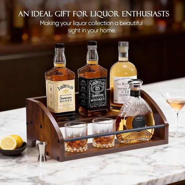 Alt view image 6 of 7 - Wooden Liquor Bottle Display Shelf, 2 Tier Countertop Liquor Wine Rack, Coffee Syrup Rack Organizer, Mini Bar Home Retro Bar Shelves Stand for Bourbon Whiskey, Spirits, Alcohol Storage