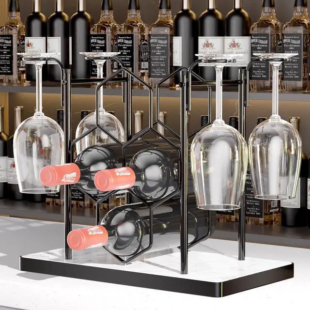Alt view image 2 of 7 - Countertop Wine Rack,Freestanding Modern Metal Small Wine Rack for 4 Wine Bottles and 4 Glasses,3 Tier Tabletop Wine Holder Stand for Cabinet, Pantry, Wine Bottle Storage