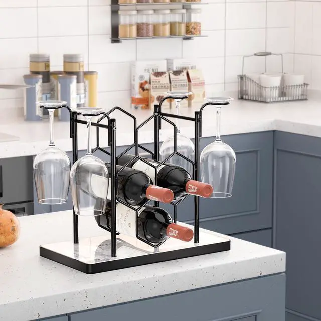 Alt view image 7 of 7 - Countertop Wine Rack,Freestanding Modern Metal Small Wine Rack for 4 Wine Bottles and 4 Glasses,3 Tier Tabletop Wine Holder Stand for Cabinet, Pantry, Wine Bottle Storage
