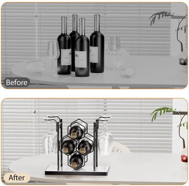 Alt view image 6 of 7 - Countertop Wine Rack,Freestanding Modern Metal Small Wine Rack for 4 Wine Bottles and 4 Glasses,3 Tier Tabletop Wine Holder Stand for Cabinet, Pantry, Wine Bottle Storage