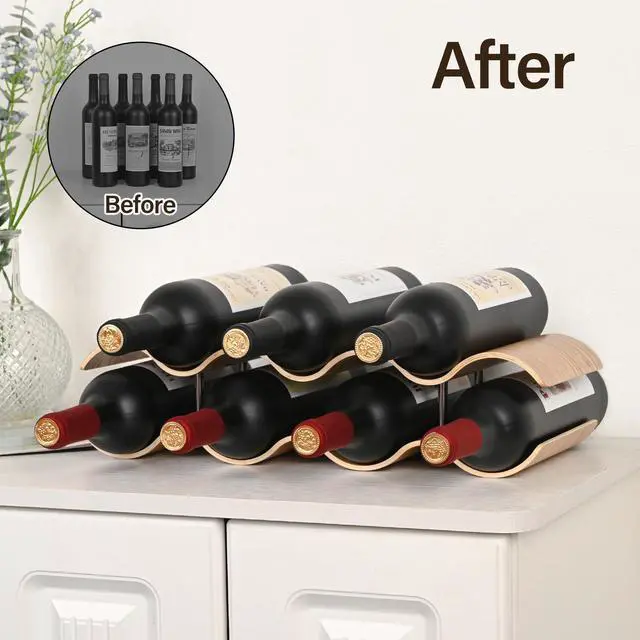 Alt view image 2 of 7 - Countertop Wine Rack - 7 Bottle Freestanding Wine Bottle Holder Stand - 2 Tier Wooden Wine Storage Rack - Wavy Wine Organizer for Cabinet Pantry Home Kitchen Bar