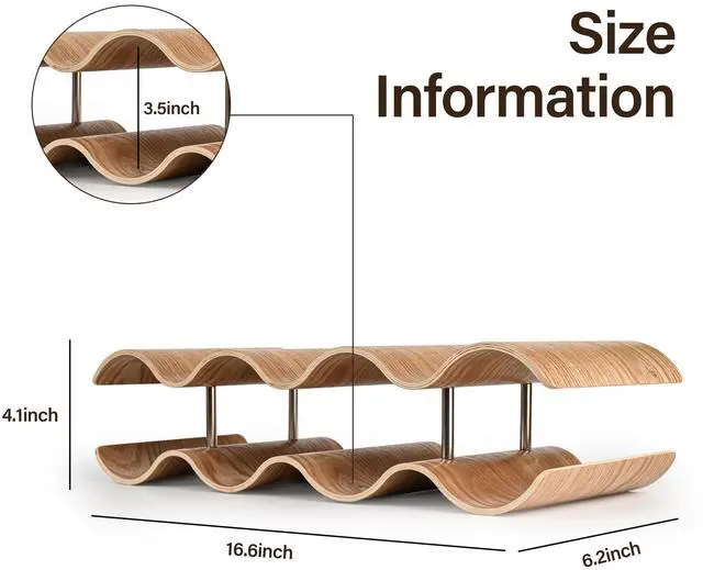 Alt view image 4 of 7 - Countertop Wine Rack - 7 Bottle Freestanding Wine Bottle Holder Stand - 2 Tier Wooden Wine Storage Rack - Wavy Wine Organizer for Cabinet Pantry Home Kitchen Bar