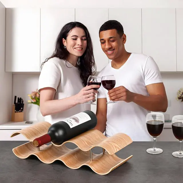 Alt view image 5 of 7 - Countertop Wine Rack - 7 Bottle Freestanding Wine Bottle Holder Stand - 2 Tier Wooden Wine Storage Rack - Wavy Wine Organizer for Cabinet Pantry Home Kitchen Bar