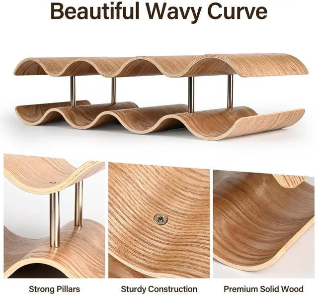 Alt view image 3 of 7 - Countertop Wine Rack - 7 Bottle Freestanding Wine Bottle Holder Stand - 2 Tier Wooden Wine Storage Rack - Wavy Wine Organizer for Cabinet Pantry Home Kitchen Bar