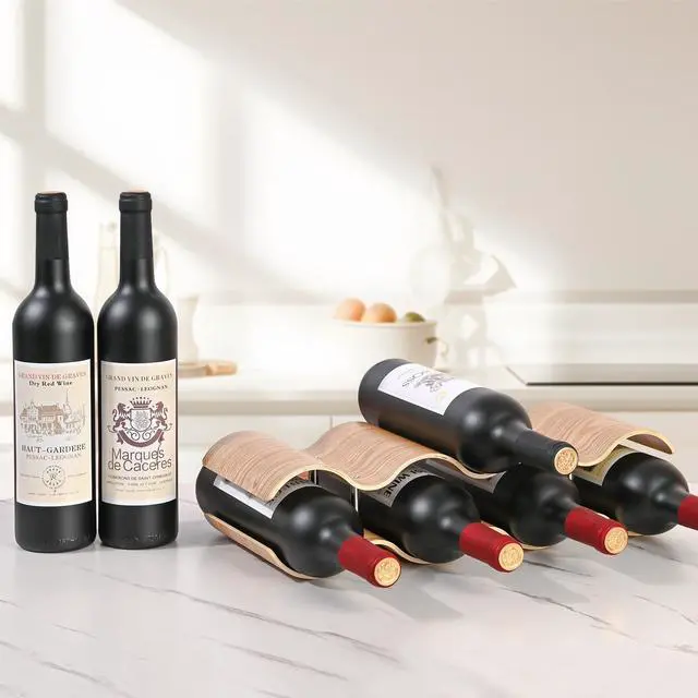 Alt view image 6 of 7 - Countertop Wine Rack - 7 Bottle Freestanding Wine Bottle Holder Stand - 2 Tier Wooden Wine Storage Rack - Wavy Wine Organizer for Cabinet Pantry Home Kitchen Bar