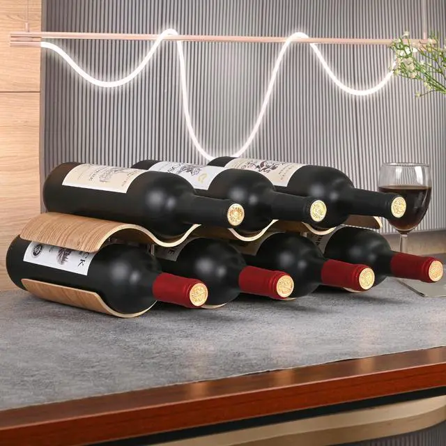 Alt view image 7 of 7 - Countertop Wine Rack - 7 Bottle Freestanding Wine Bottle Holder Stand - 2 Tier Wooden Wine Storage Rack - Wavy Wine Organizer for Cabinet Pantry Home Kitchen Bar