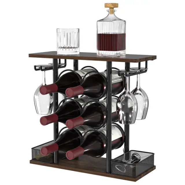 Main image of Countertop Wine Rack, 3 Tier Wood & Metal Small Wine Rack Up to Hold 6 Bottles and 4 Glasses, Wine Bottle Holder for Home Bar Tabletop Kitchen Cabinet, 6.29" D x 16.14" W x 15.82" H