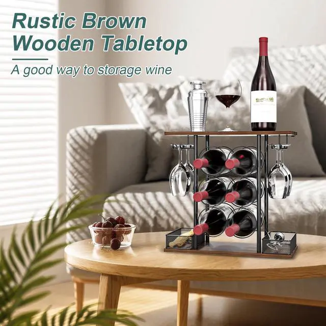 Alt view image 3 of 6 - Countertop Wine Rack, 3 Tier Wood & Metal Small Wine Rack Up to Hold 6 Bottles and 4 Glasses, Wine Bottle Holder for Home Bar Tabletop Kitchen Cabinet, 6.29" D x 16.14" W x 15.82" H
