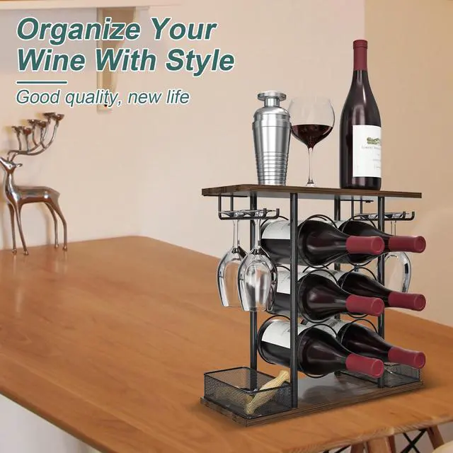 Alt view image 4 of 6 - Countertop Wine Rack, 3 Tier Wood & Metal Small Wine Rack Up to Hold 6 Bottles and 4 Glasses, Wine Bottle Holder for Home Bar Tabletop Kitchen Cabinet, 6.29" D x 16.14" W x 15.82" H