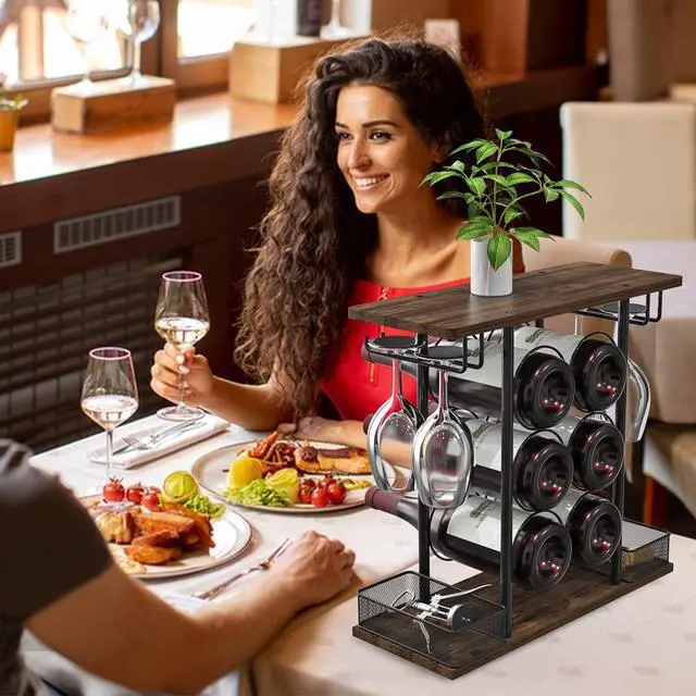 Alt view image 5 of 6 - Countertop Wine Rack, 3 Tier Wood & Metal Small Wine Rack Up to Hold 6 Bottles and 4 Glasses, Wine Bottle Holder for Home Bar Tabletop Kitchen Cabinet, 6.29" D x 16.14" W x 15.82" H