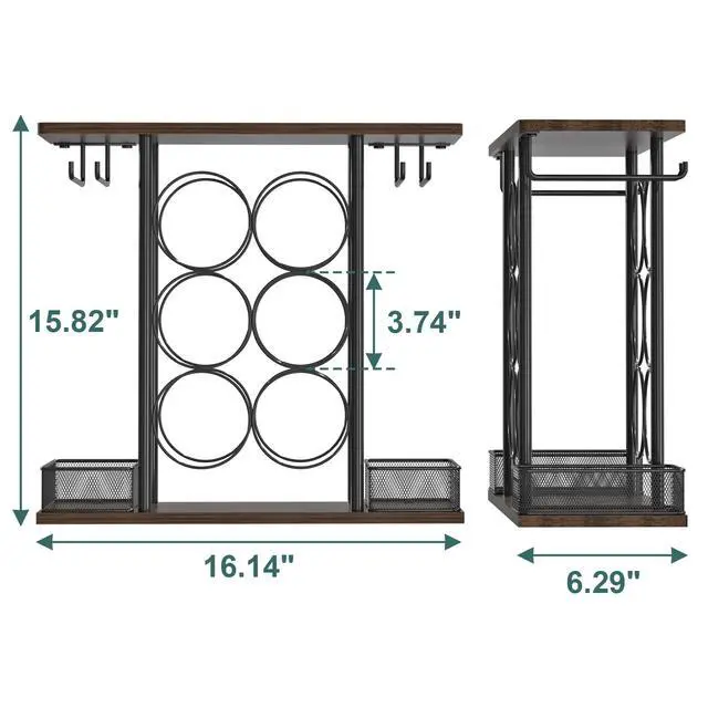 Alt view image 6 of 6 - Countertop Wine Rack, 3 Tier Wood & Metal Small Wine Rack Up to Hold 6 Bottles and 4 Glasses, Wine Bottle Holder for Home Bar Tabletop Kitchen Cabinet, 6.29" D x 16.14" W x 15.82" H