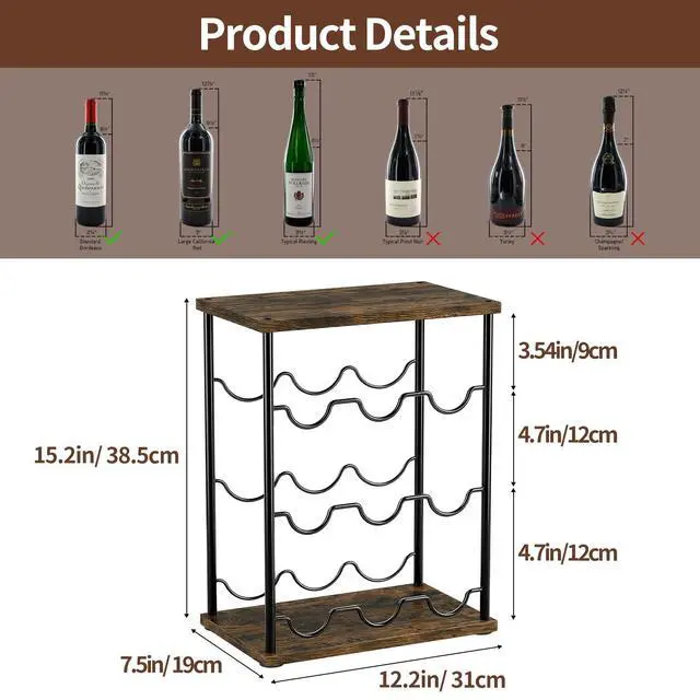Alt view image 5 of 7 - Wine Racks Countertop, Wine 9 Bottles Holder, Metal Wine Storage Organizer for Kitchen, Bar, Table, Cabinet, Wine Cellar, Vintage Brown