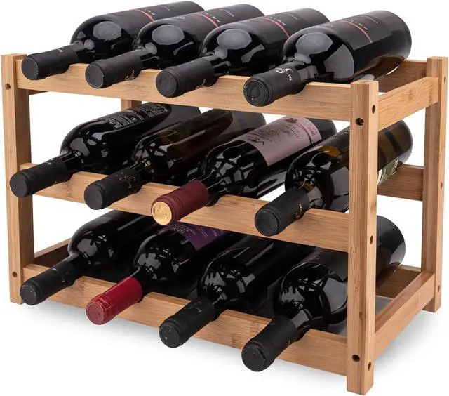 Main image of Bamboo Wine Rack, 3-Tier Sturdy and Durable Wine Storage Cabinet Shelf, Wine Racks Countertop for Kitchen Pantry Dining Room Bar,12 Bottles Wine Rack