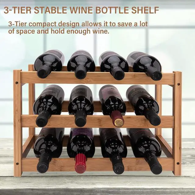 Alt view image 2 of 7 - Bamboo Wine Rack, 3-Tier Sturdy and Durable Wine Storage Cabinet Shelf, Wine Racks Countertop for Kitchen Pantry Dining Room Bar,12 Bottles Wine Rack