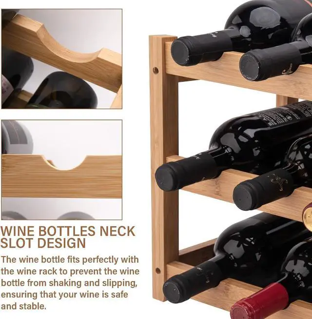 Alt view image 3 of 7 - Bamboo Wine Rack, 3-Tier Sturdy and Durable Wine Storage Cabinet Shelf, Wine Racks Countertop for Kitchen Pantry Dining Room Bar,12 Bottles Wine Rack