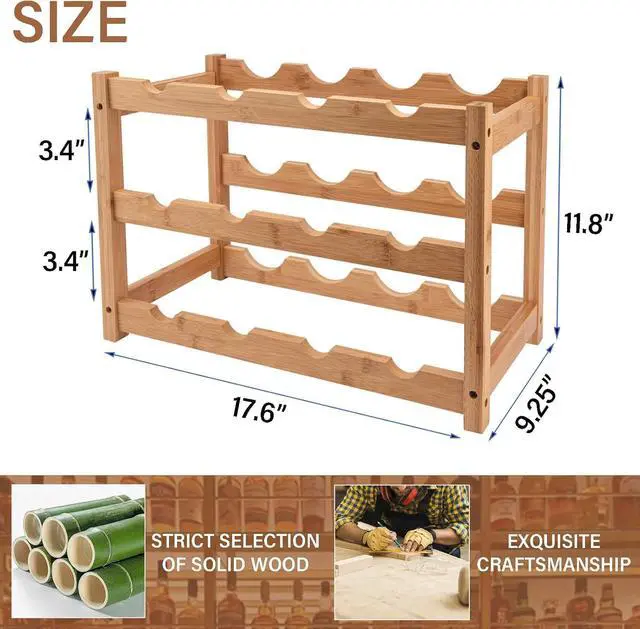 Alt view image 4 of 7 - Bamboo Wine Rack, 3-Tier Sturdy and Durable Wine Storage Cabinet Shelf, Wine Racks Countertop for Kitchen Pantry Dining Room Bar,12 Bottles Wine Rack