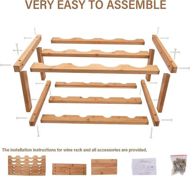 Alt view image 5 of 7 - Bamboo Wine Rack, 3-Tier Sturdy and Durable Wine Storage Cabinet Shelf, Wine Racks Countertop for Kitchen Pantry Dining Room Bar,12 Bottles Wine Rack