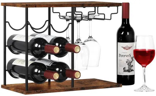 Main image of Wine Racks Countertop, Hold 6 Bottles and 4 Wine Glass Rack Wine Holder, Freestanding Wine Rack for Home, Kitchen, Bar, Wine Cellar, Cabinet