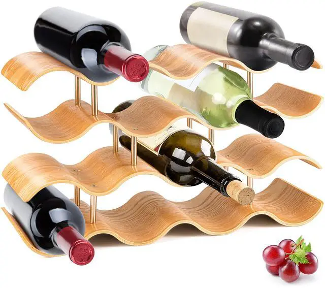Main image of Bamboo Wine Rack - 4 Tier Countertop Shelf with Slots that Holds 14 Bottles, Unique Stackable Wooden Holder, Save Space for Cabinet, Kitchen and Pantry, Modern Contemporary Wave Design
