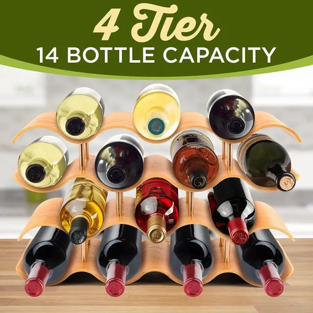 Alt view image 3 of 7 - Bamboo Wine Rack - 4 Tier Countertop Shelf with Slots that Holds 14 Bottles, Unique Stackable Wooden Holder, Save Space for Cabinet, Kitchen and Pantry, Modern Contemporary Wave Design
