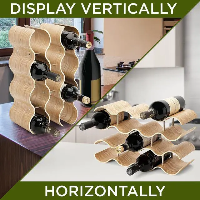 Alt view image 4 of 7 - Bamboo Wine Rack - 4 Tier Countertop Shelf with Slots that Holds 14 Bottles, Unique Stackable Wooden Holder, Save Space for Cabinet, Kitchen and Pantry, Modern Contemporary Wave Design