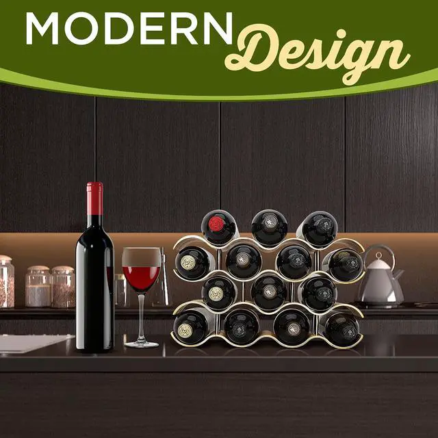 Alt view image 5 of 7 - Bamboo Wine Rack - 4 Tier Countertop Shelf with Slots that Holds 14 Bottles, Unique Stackable Wooden Holder, Save Space for Cabinet, Kitchen and Pantry, Modern Contemporary Wave Design