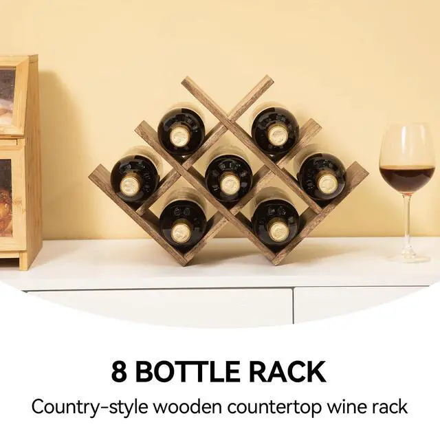 Alt view image 2 of 7 - Wooden 8-Bottle Wine Rack, 3-Tier Countertop Wine Bottle Holder for Cabinets, Bar Cart, Kitchen Counter, Pantry, Dining Room, 16.73 x 5.9 x 11.14 in, XHJJ3-DBR