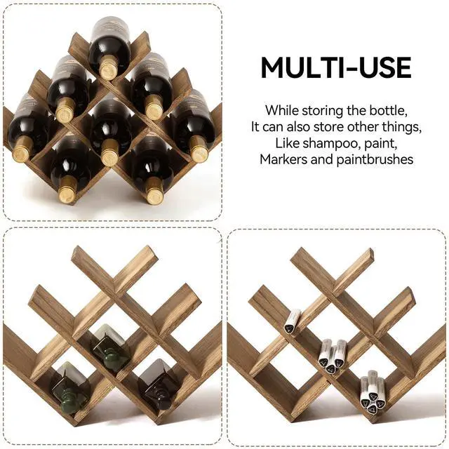 Alt view image 3 of 7 - Wooden 8-Bottle Wine Rack, 3-Tier Countertop Wine Bottle Holder for Cabinets, Bar Cart, Kitchen Counter, Pantry, Dining Room, 16.73 x 5.9 x 11.14 in, XHJJ3-DBR