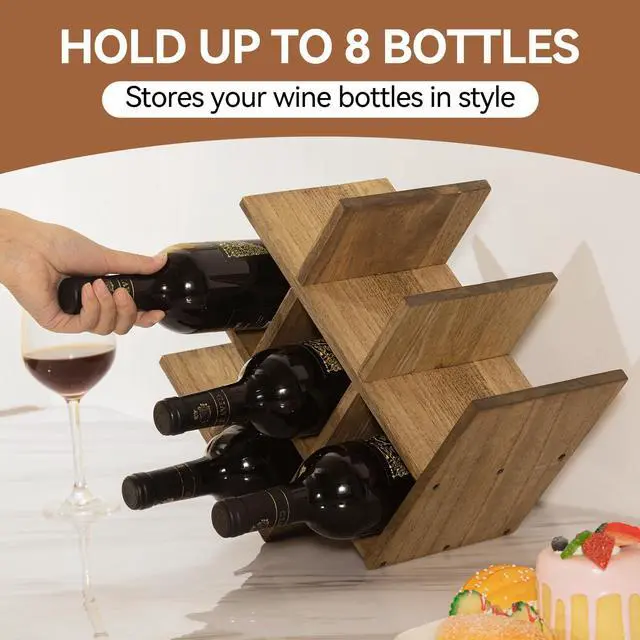 Alt view image 7 of 7 - Wooden 8-Bottle Wine Rack, 3-Tier Countertop Wine Bottle Holder for Cabinets, Bar Cart, Kitchen Counter, Pantry, Dining Room, 16.73 x 5.9 x 11.14 in, XHJJ3-DBR