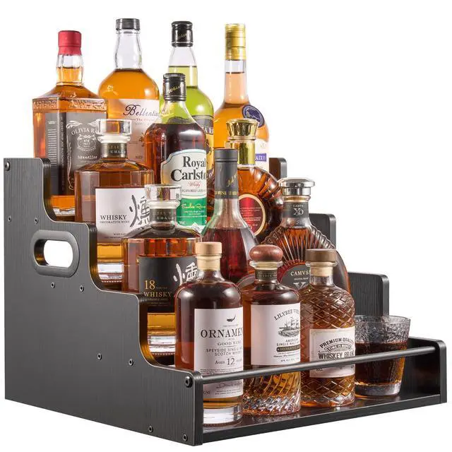 Main image of 4-Tier Liquor Bottle Display Shelf, Coffee Syrup Rack Organizer, Water Bottle Organizer, Mini Bar Cabinet, Rustic Bar Shelves for Liquor Whiskey, SpiritsBlack