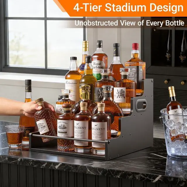 Alt view image 2 of 7 - 4-Tier Liquor Bottle Display Shelf, Coffee Syrup Rack Organizer, Water Bottle Organizer, Mini Bar Cabinet, Rustic Bar Shelves for Liquor Whiskey, SpiritsBlack