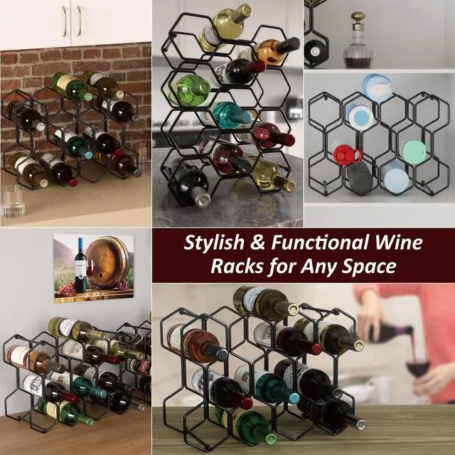 Alt view image 2 of 7 - Countertop Wine Rack, 14-Bottle Modern Freestanding Metal Holder for Red and White Wine, Tabletop, Kitchen, Bar, and Cabinet Storage (Black)