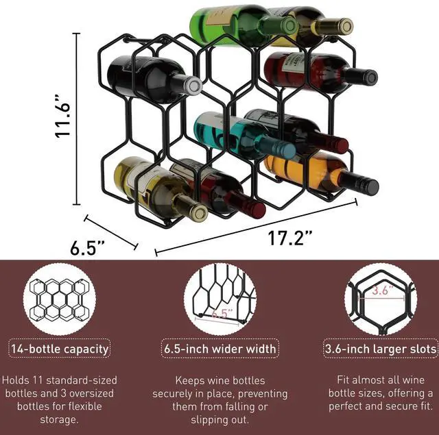 Alt view image 3 of 7 - Countertop Wine Rack, 14-Bottle Modern Freestanding Metal Holder for Red and White Wine, Tabletop, Kitchen, Bar, and Cabinet Storage (Black)